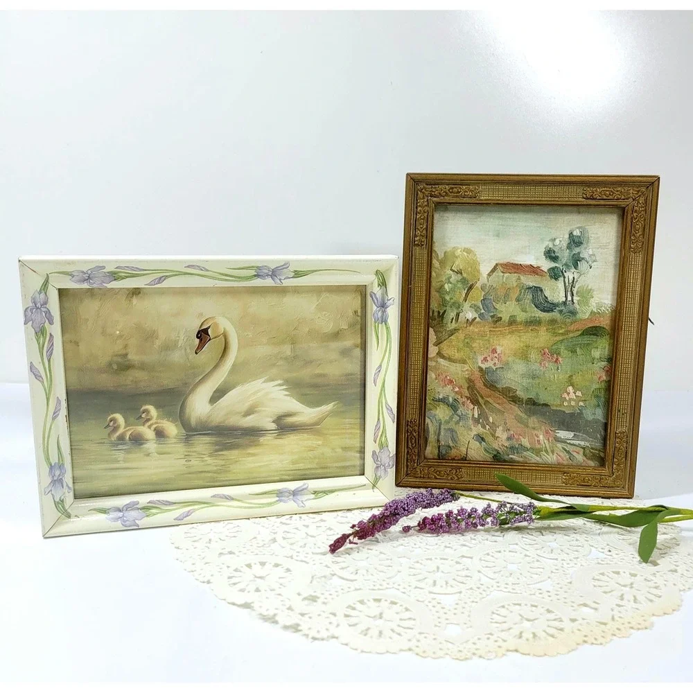 Set of vintage wood ornate picture photo frames 6x8 gold tone cream swan art